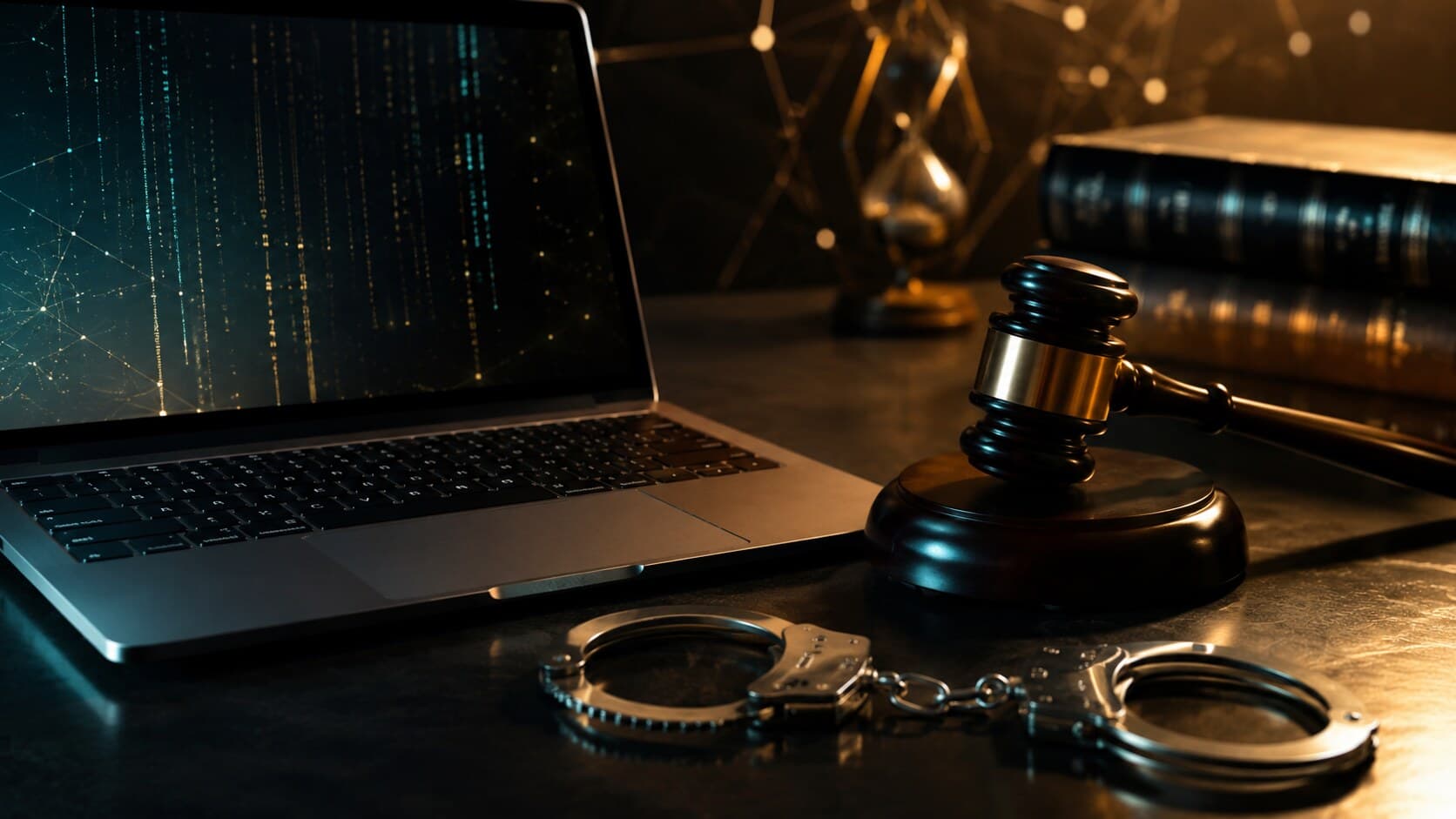 Laptop beside a judicial gavel and handcuffs, representing cybercrime enforcement and digital evidence