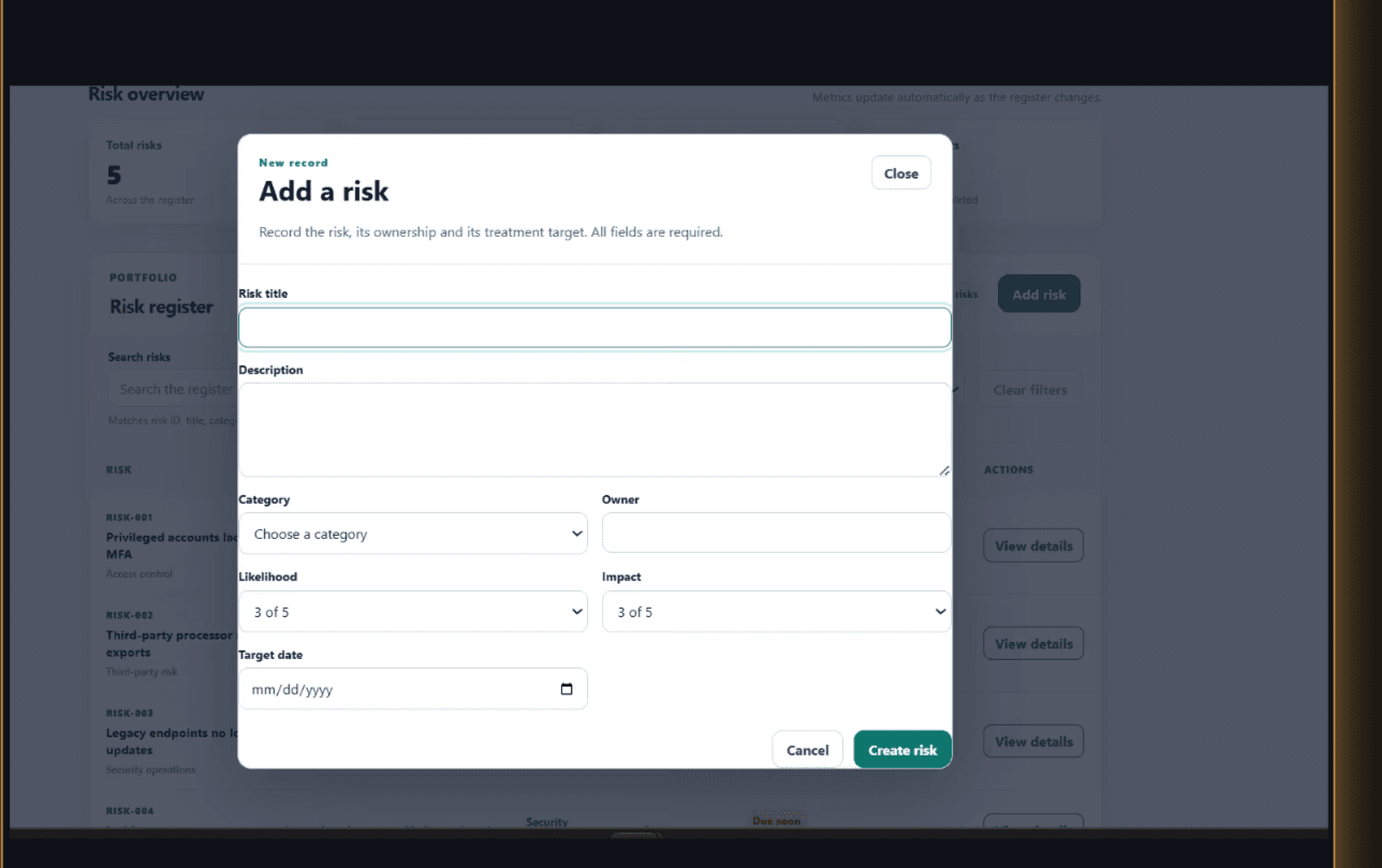 Keyboard-accessible dialog for creating a complete cyber risk record